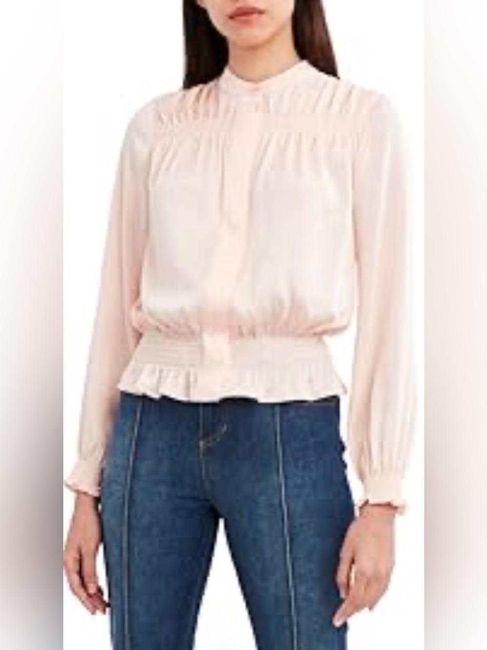 BCBGeneration Blush Pink Long Sleeve‎ Smocked Waist Ruffle Top